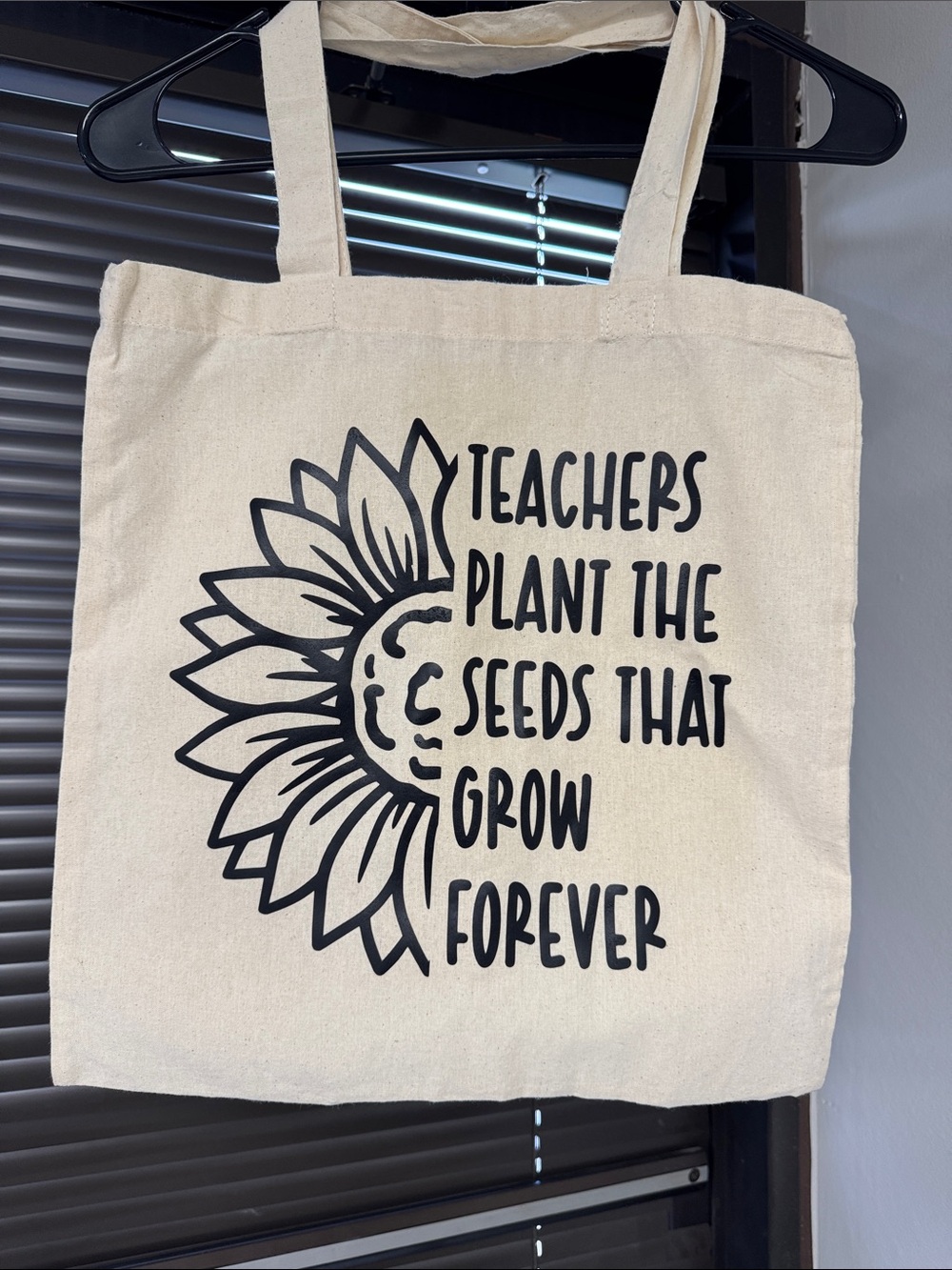 Canvas Teacher Tote Bag in Natural with Black Print